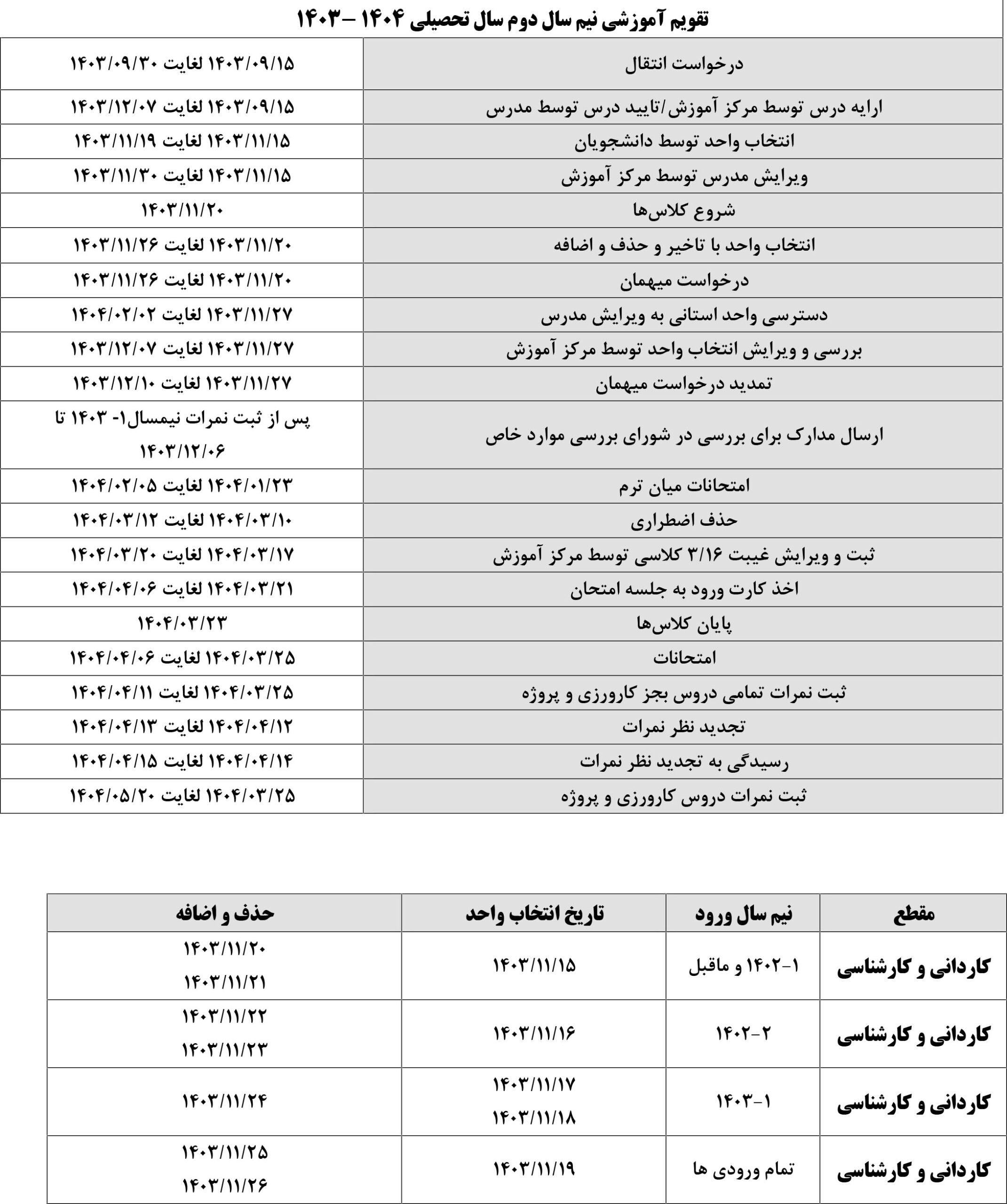 تقویم نیمسال دوم تحصیلی 1403-1404